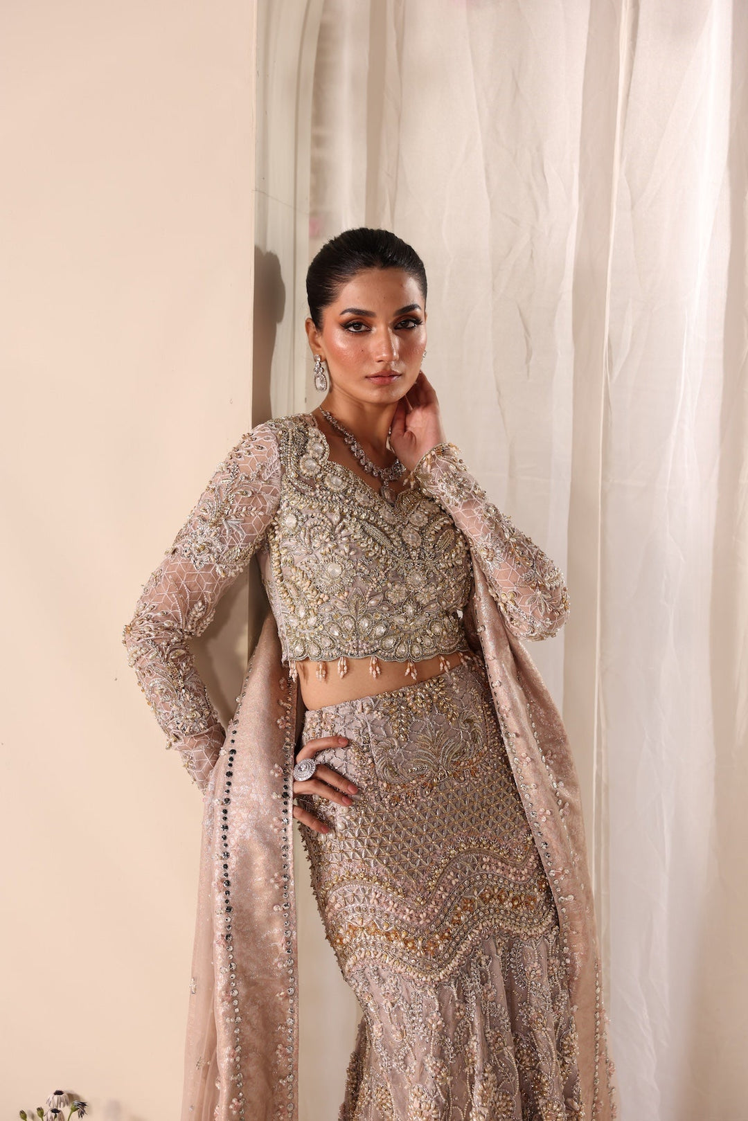 Elegant Soft Beige Pakistani Bridal Dress with Intricate Embroide
