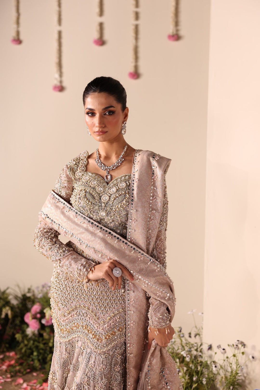 Elegant Soft Beige Pakistani Bridal Outfit with Intricate Embroid