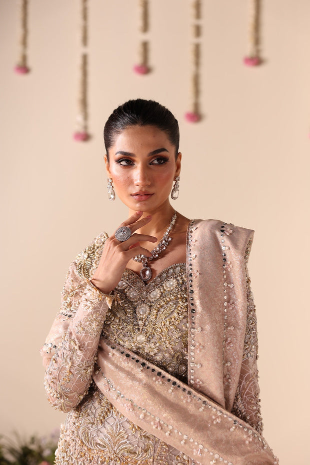 Elegant Soft Beige Pakistani Bridal Dress with Intricate Embroide