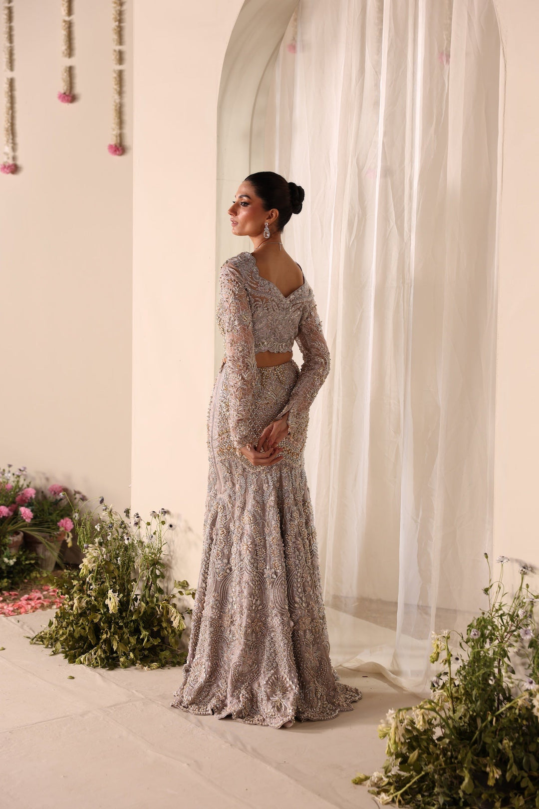 Elegant Soft Beige Pakistani Bridal Outfit with Intricate Embroid