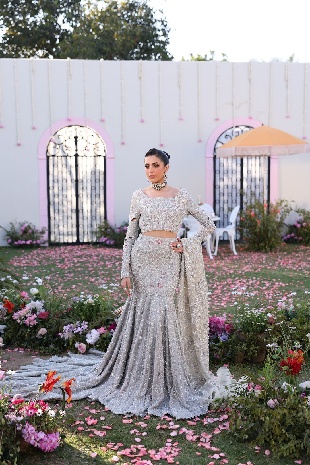 Elegant Silver Pakistani Bridal Dress with Intricate Embroidery