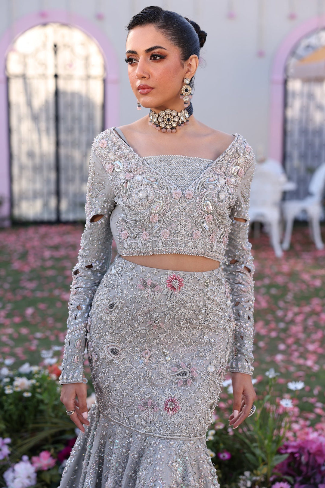 Elegant Silver Pakistani Bridal Dress with Intricate Embroidery