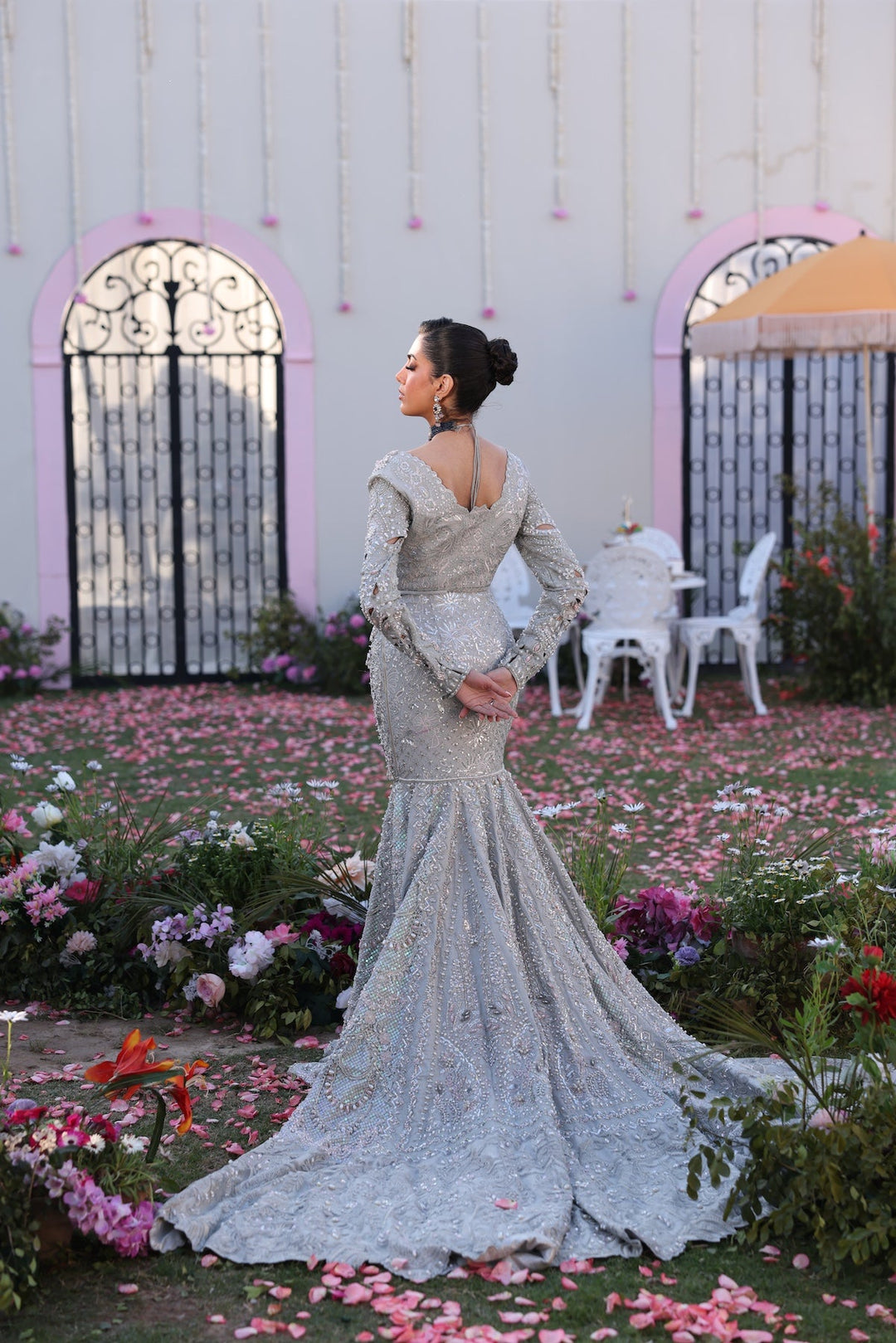 Elegant Silver Pakistani Bridal Dress with Intricate Embroidery