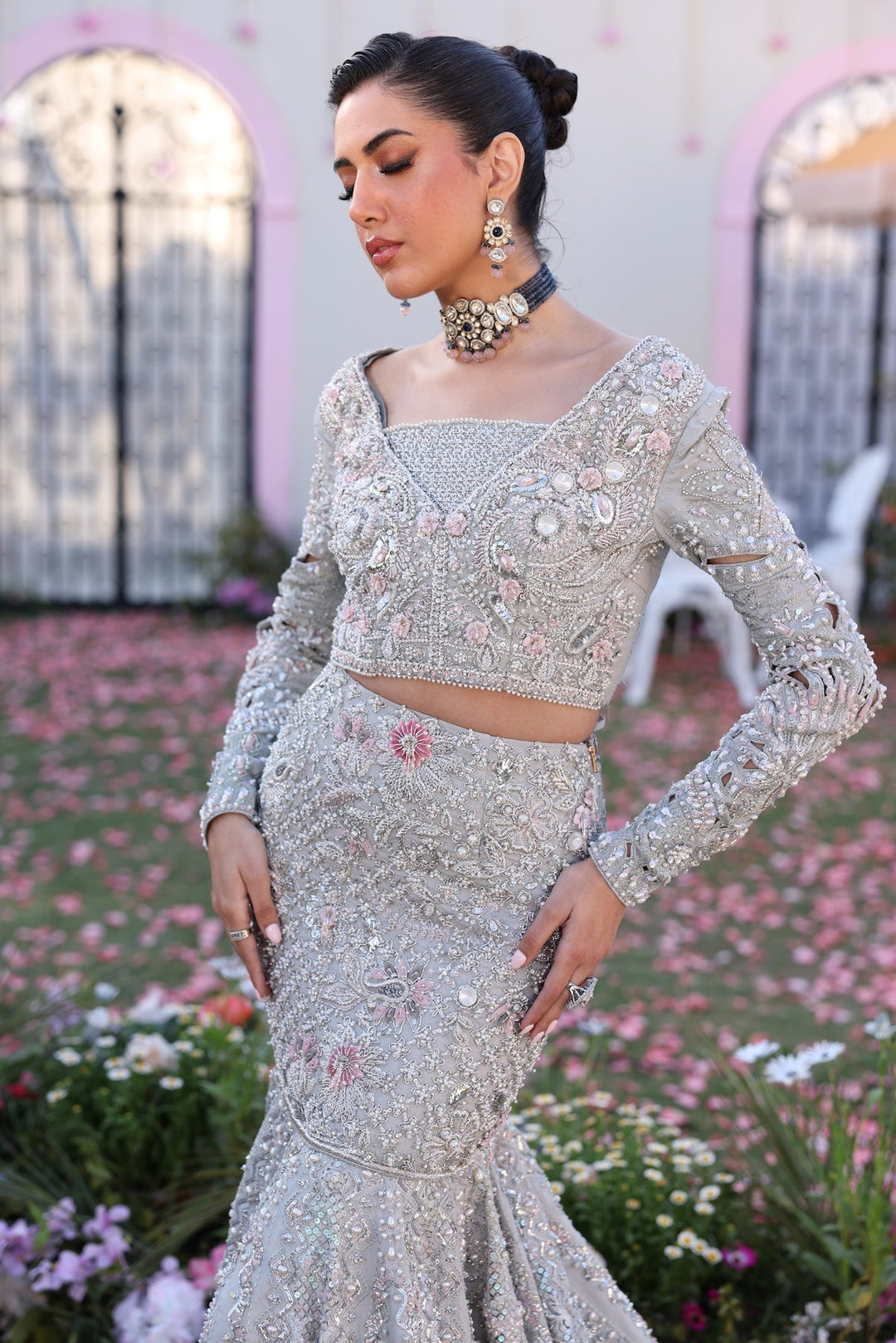 Elegant Silver Pakistani Bridal Dress with Intricate Embroidery