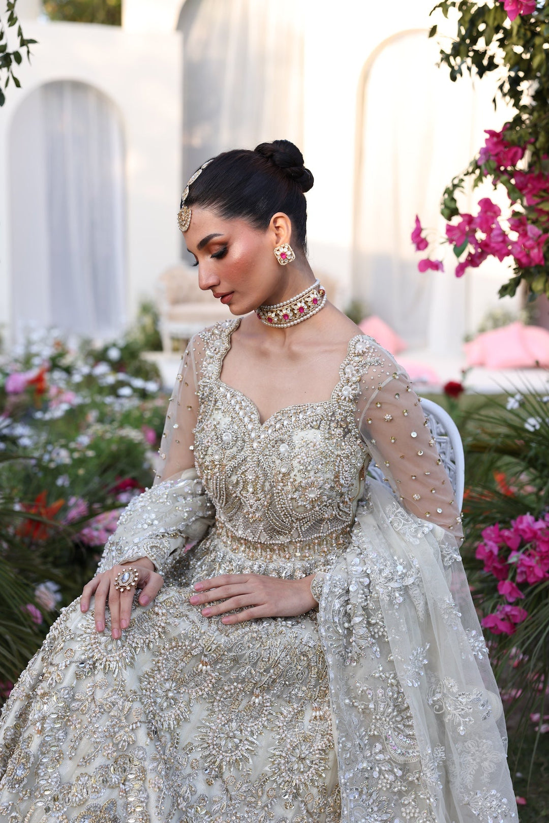 Exquisite Off White Pakistani Bridal Dress with Embroidery