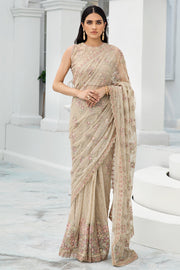 Festive Floral Embroidered Skin Beige Net Dress