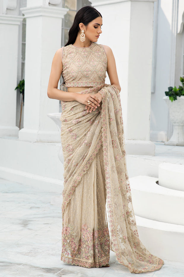 Festive Floral Embroidered Skin Beige Net Dress