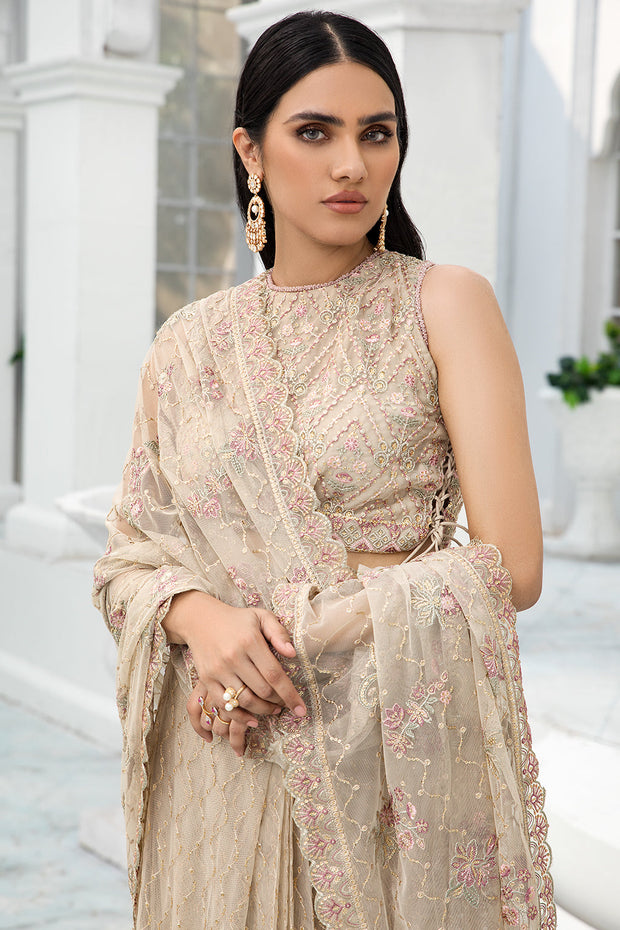 Festive Floral Embroidered Skin Beige Net Dress
