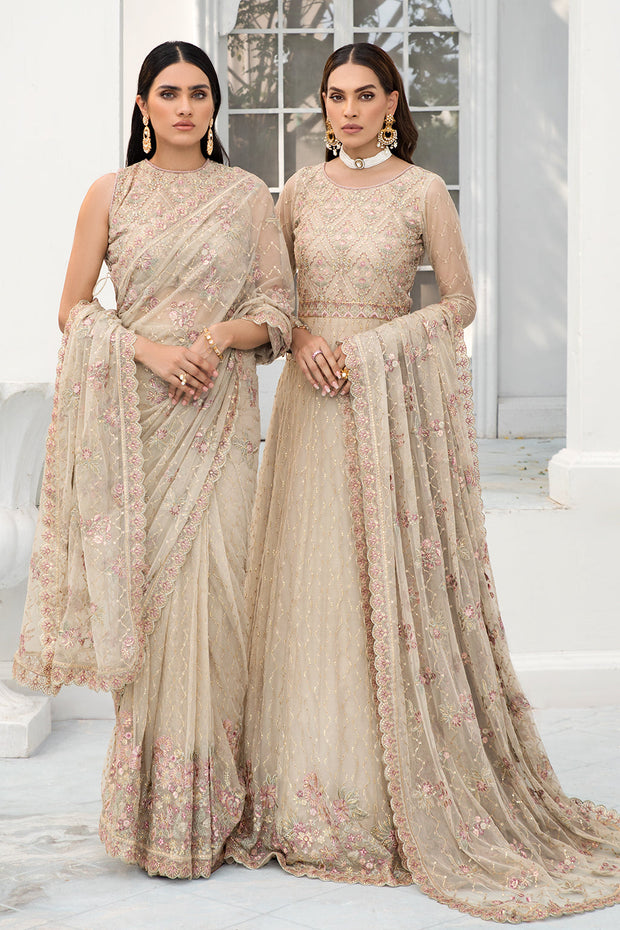 Festive Floral Embroidered Skin Beige Net Dress