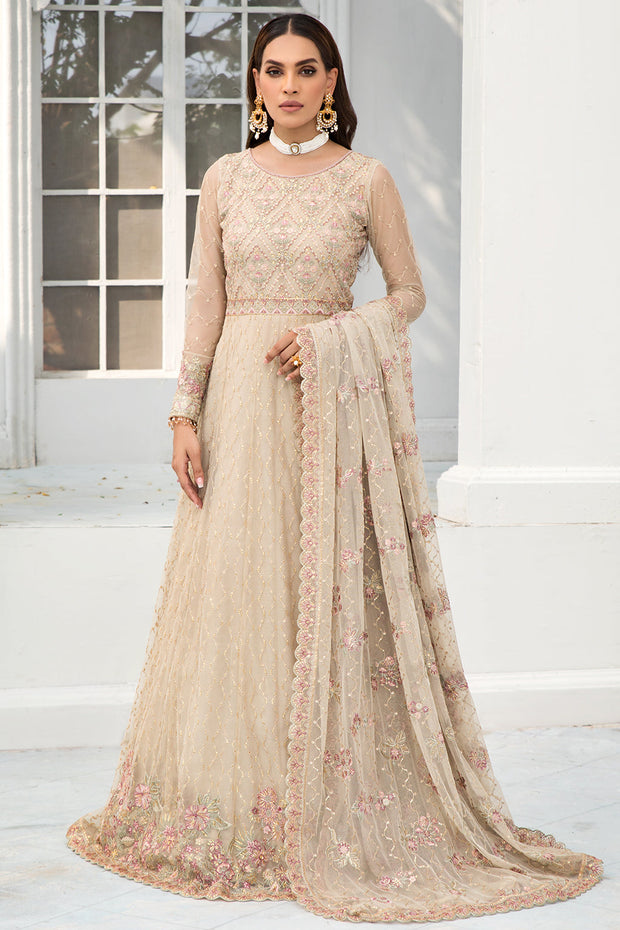 Festive Floral Embroidered Skin Beige Net Dress