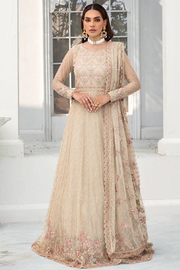 Festive Floral Embroidered Skin Beige Net Dress