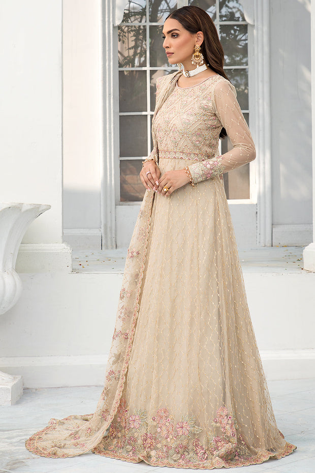 Festive Floral Embroidered Skin Beige Net Dress