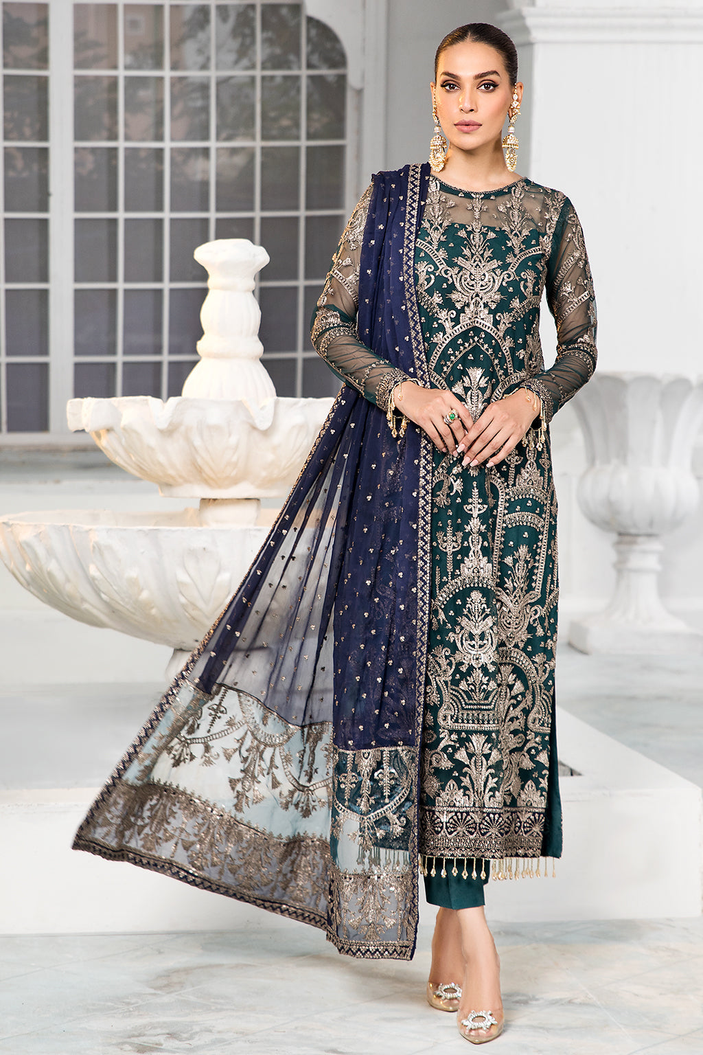 Green Sequins Embroidered Net Dress with Blue Dupatta