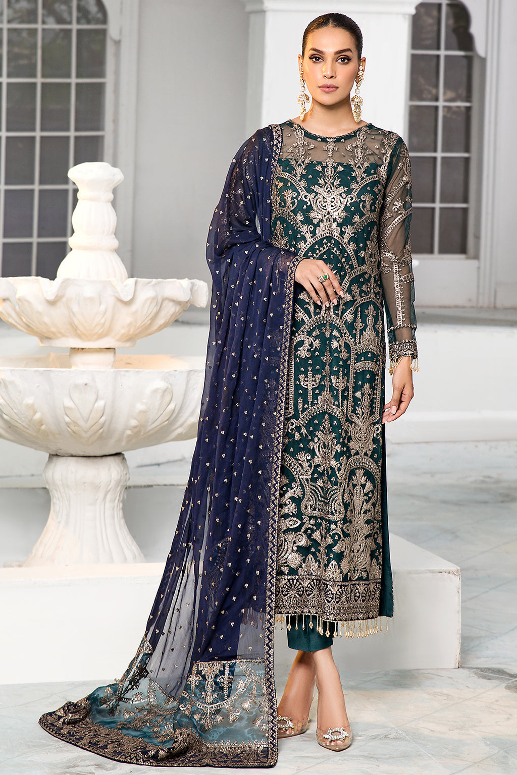 Green Sequins Embroidered Net Dress with Blue Dupatta