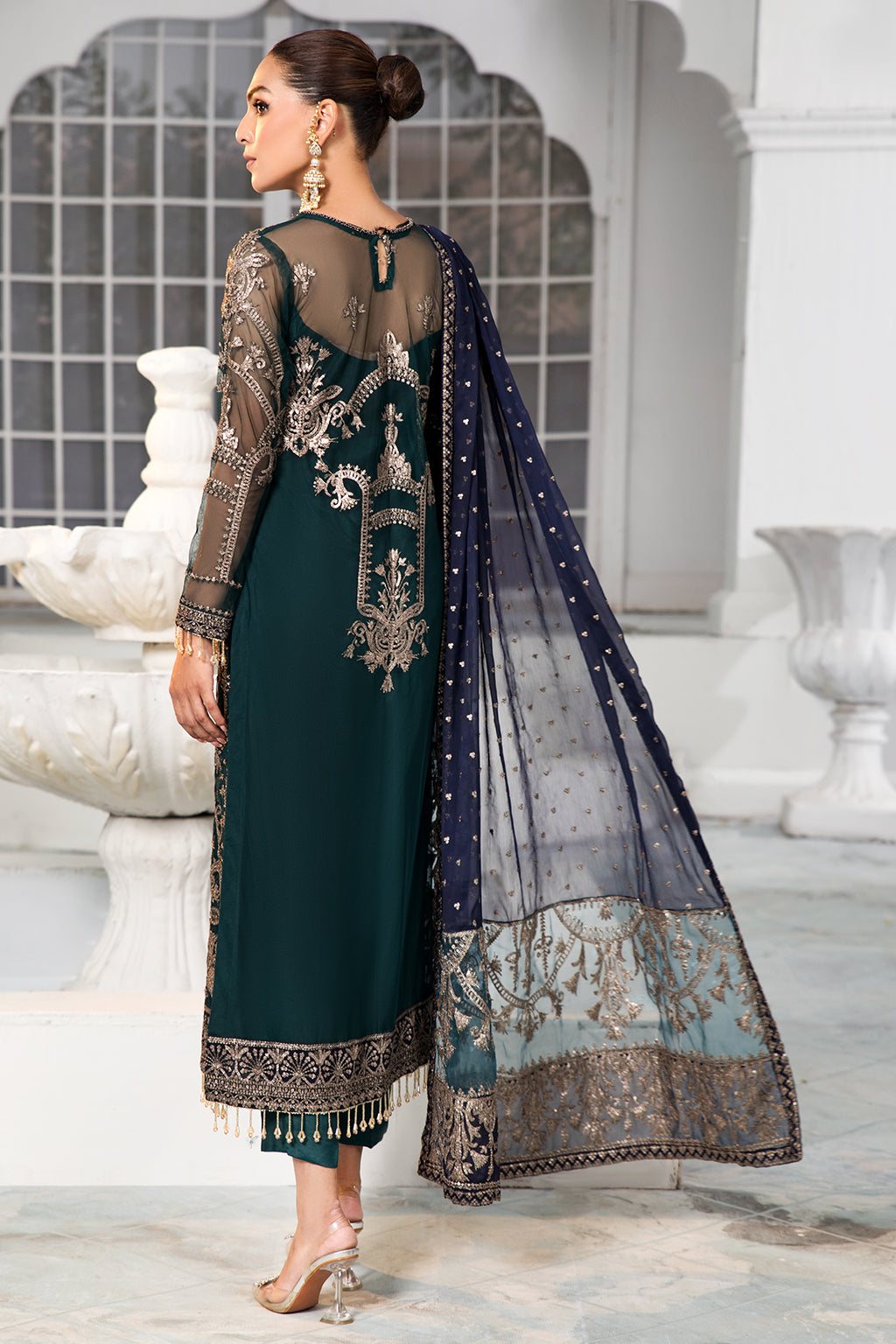 Green Sequins Embroidered Net Dress with Blue Dupatta