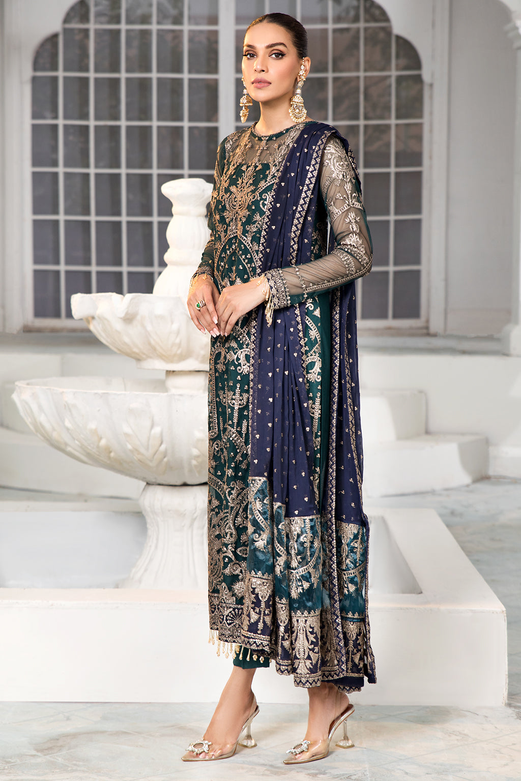 Green Sequins Embroidered Net Dress with Blue Dupatta