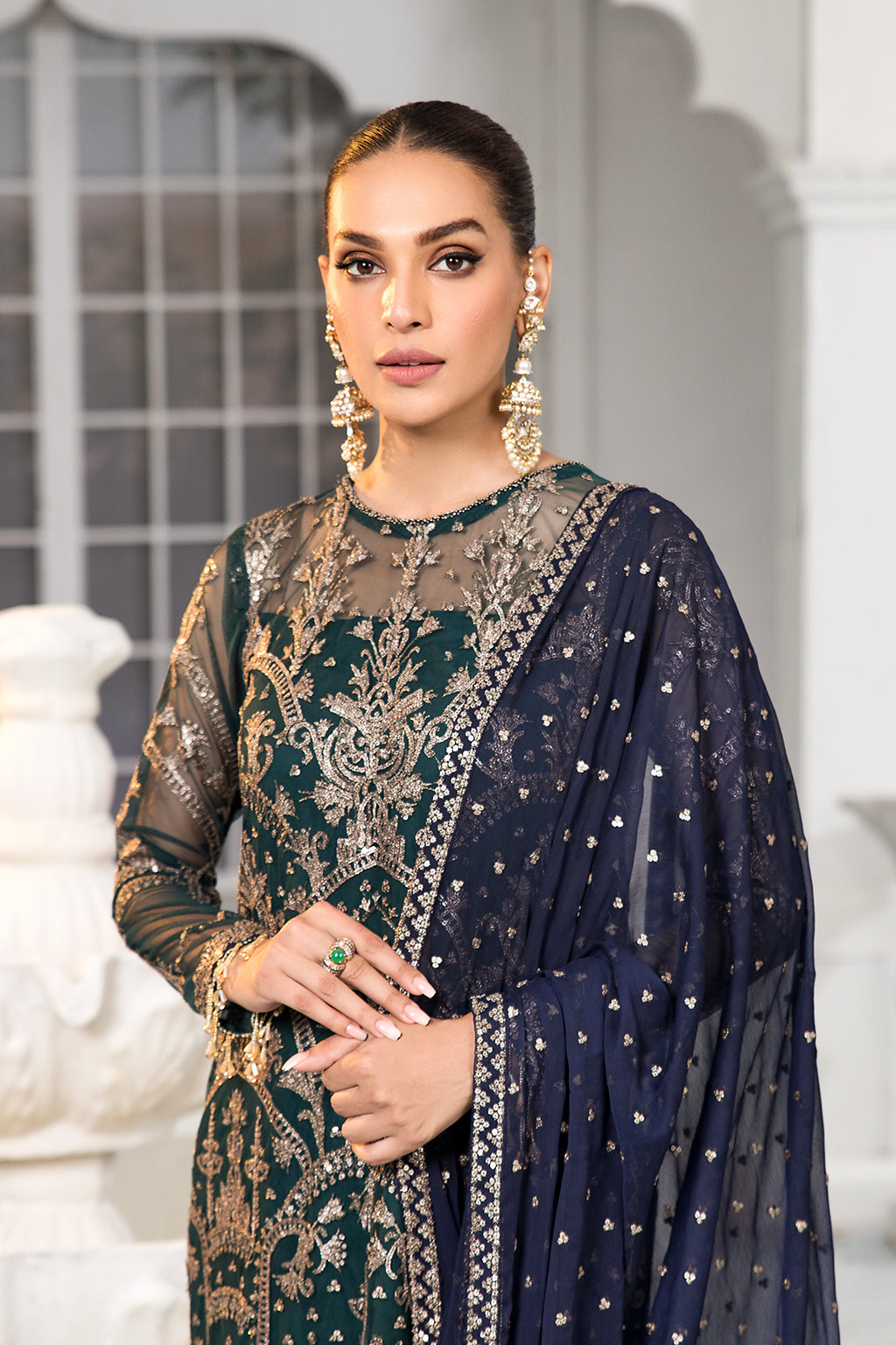 Green Sequins Embroidered Net Dress with Blue Dupatta