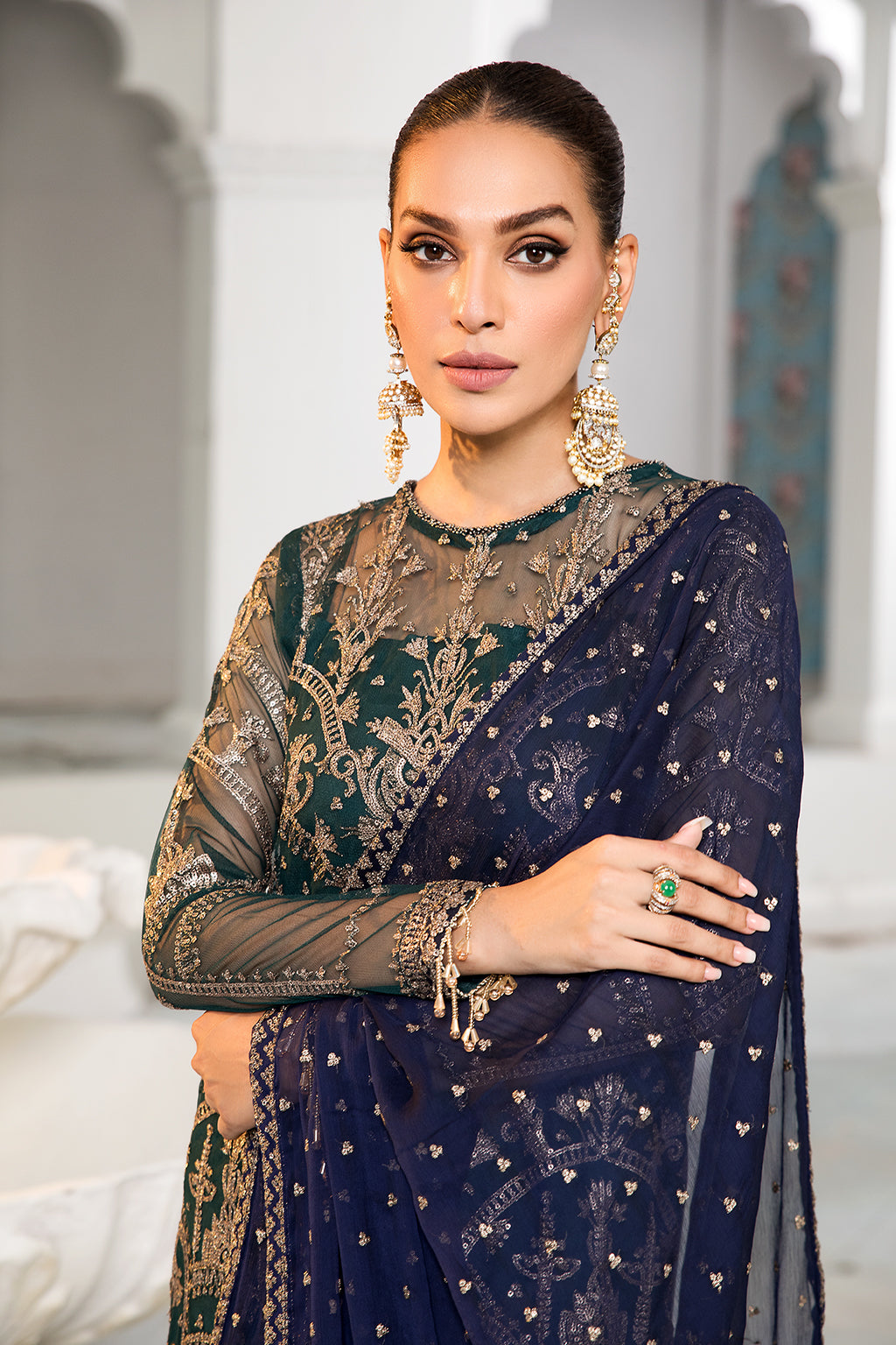 Green Sequins Embroidered Net Dress with Blue Dupatta