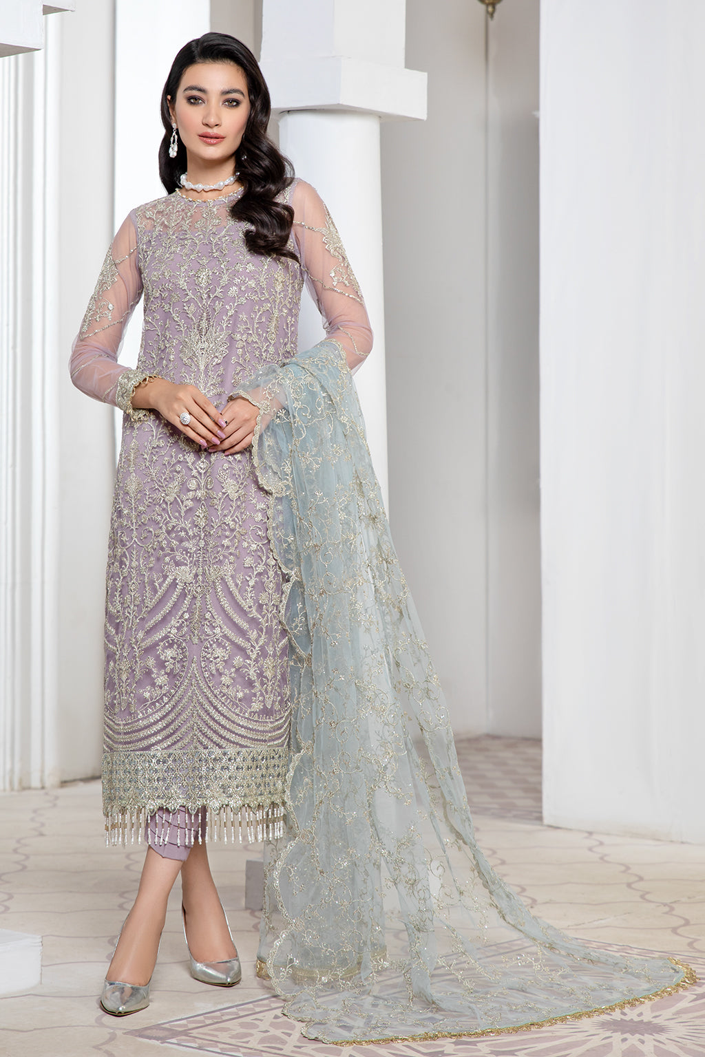 Lilac Sequins Embroidered Net Dress for Elegant Occasions