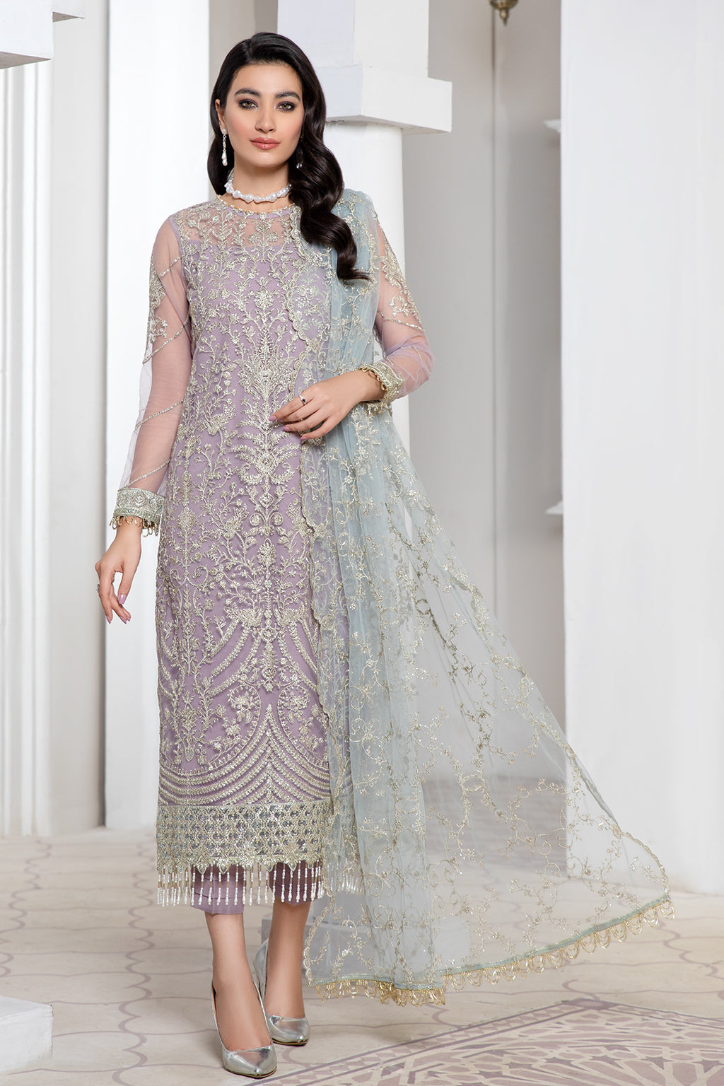 Lilac Sequins Embroidered Net Dress for Elegant Occasions