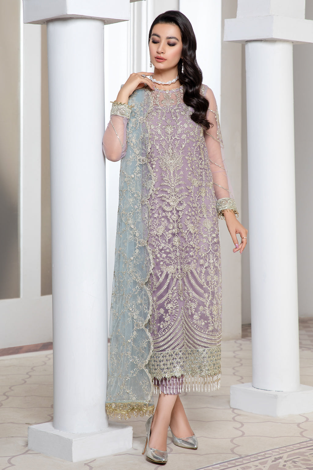 Lilac Sequins Embroidered Net Dress for Elegant Occasions