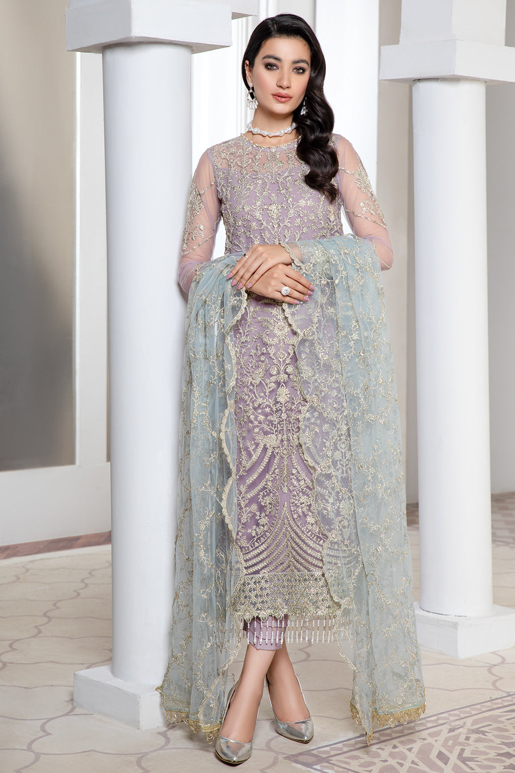 Lilac Sequins Embroidered Net Dress for Elegant Occasions