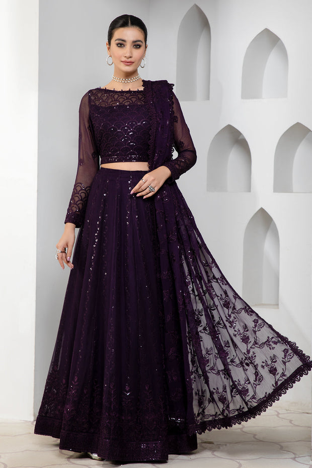 Dark Orchid Sequins Embroidered Chiffon Dress Set