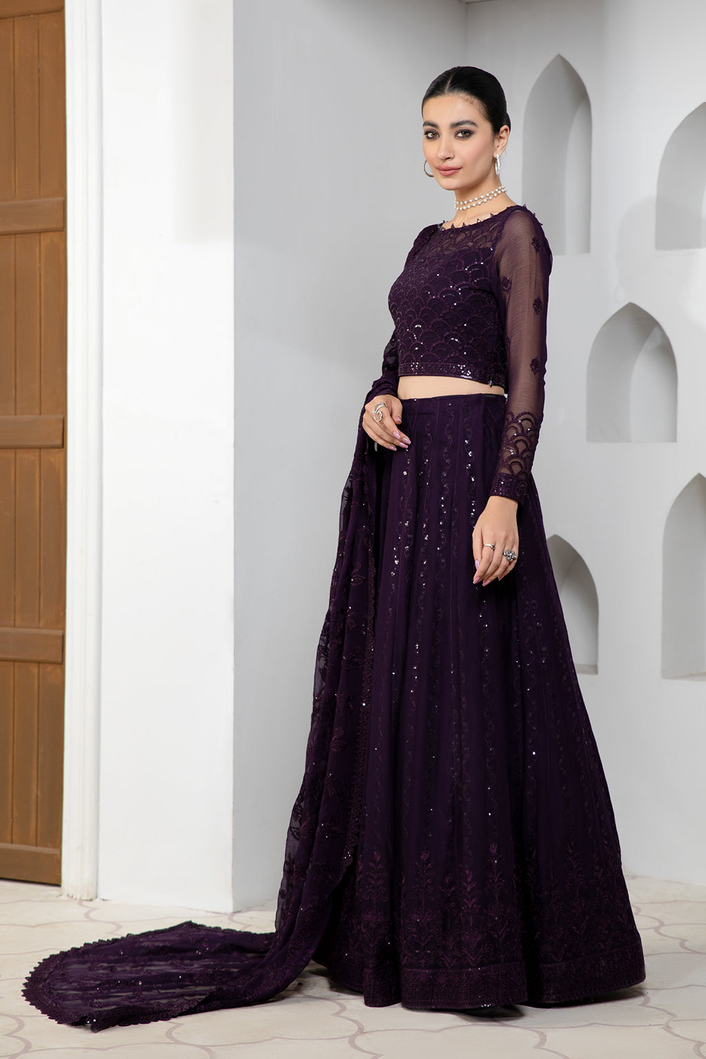 Dark Orchid Sequins Embroidered Chiffon Dress Set