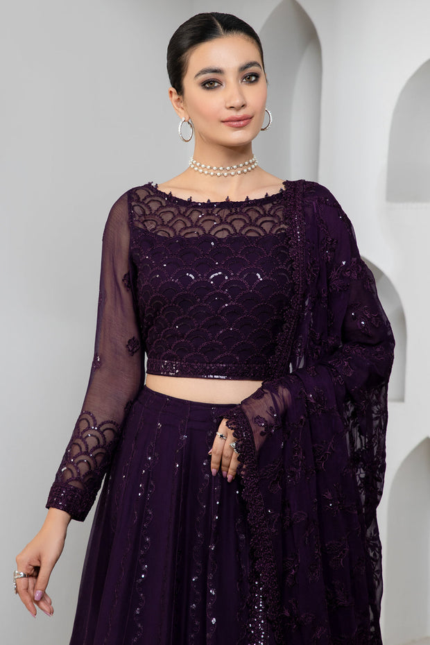 Dark Orchid Sequins Embroidered Chiffon Dress Set