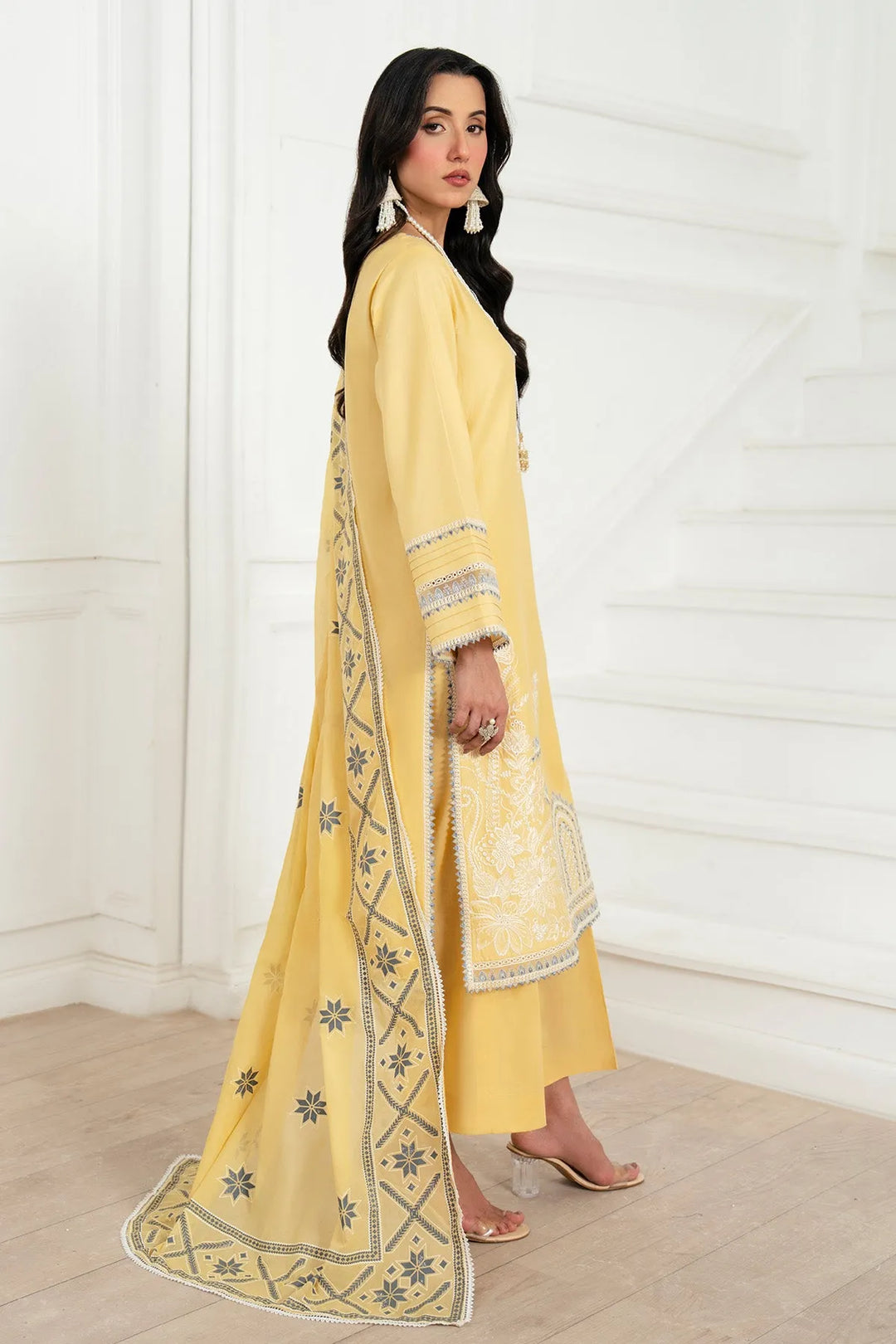 Embroidered Cotton Dress Set With Shawl