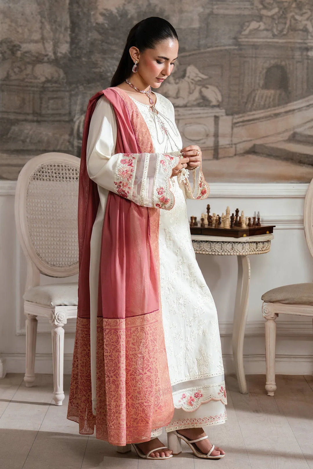 Embroidered Cotton Shirt And Trouser Set With Shawl
