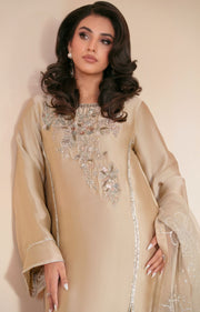 Ethereal Beige Gold Pakistani Party Dress for Elegance