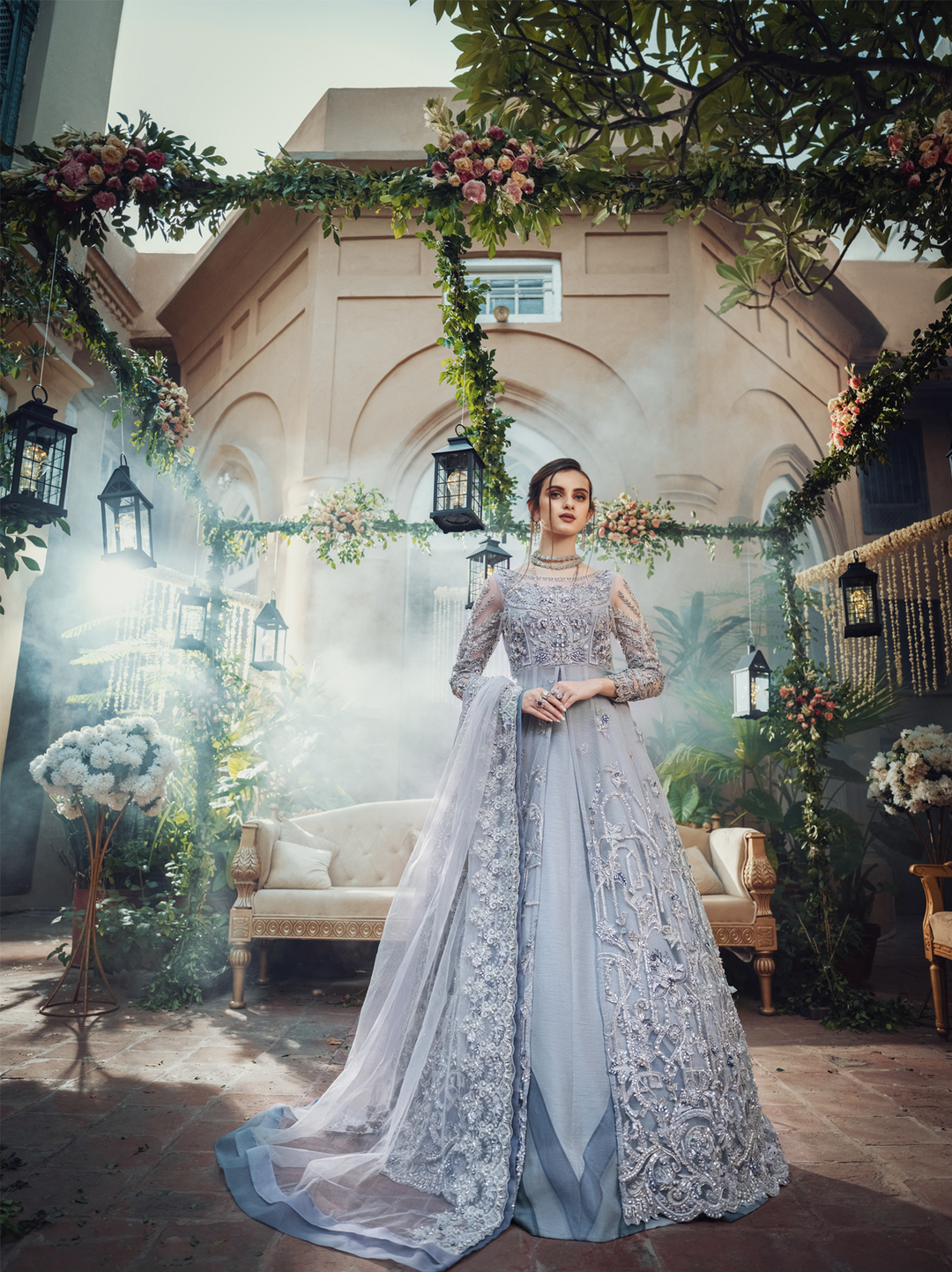 Pakistani Bridal Dress in Grey Blue Net with Lehnga