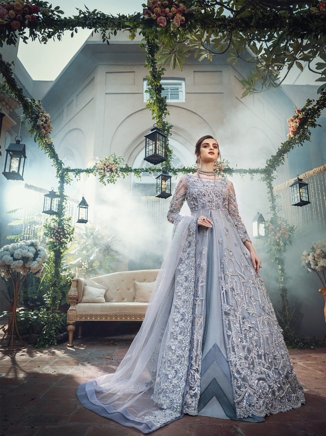 Pakistani Bridal Dress in Grey Blue Net with Lehnga