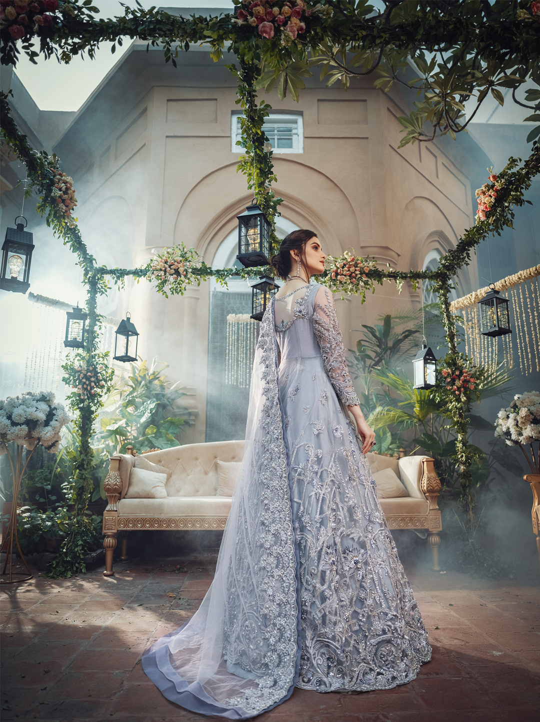 Pakistani Bridal Dress in Grey Blue Net with Lehnga