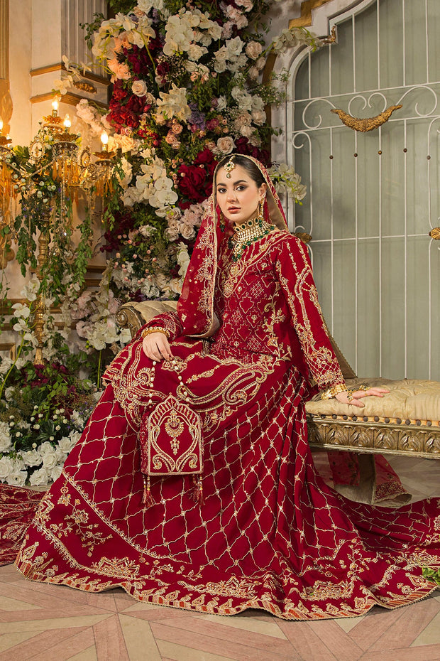 Deep Red Pakistani Bridal Suit with Embroidery and Tassels