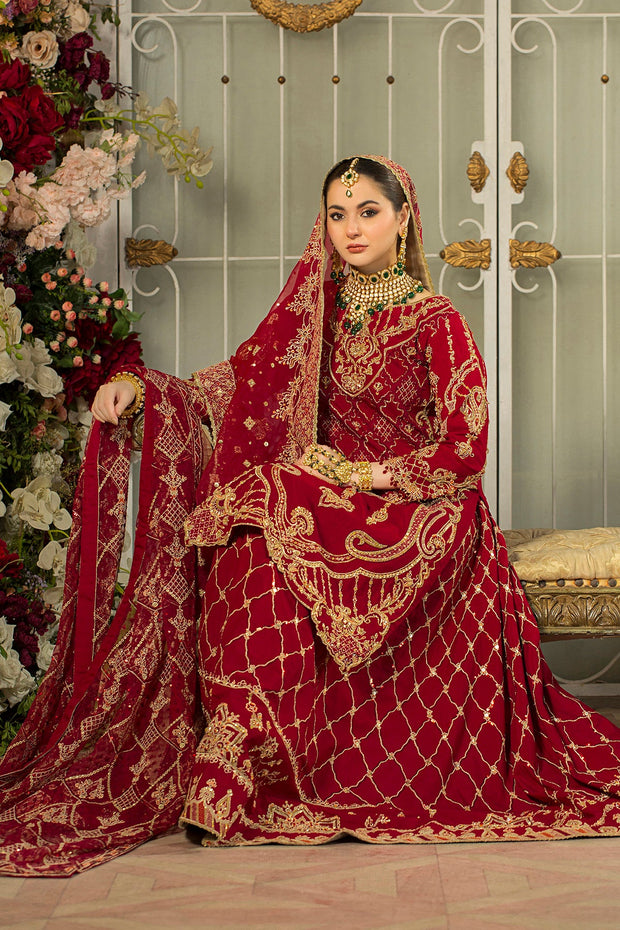 Deep Red Pakistani Bridal Suit with Embroidery and Tassels