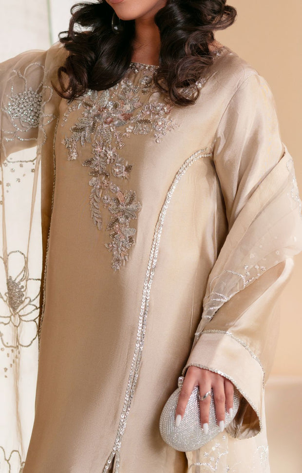 Ethereal Beige Gold Pakistani Party Dress for Elegance