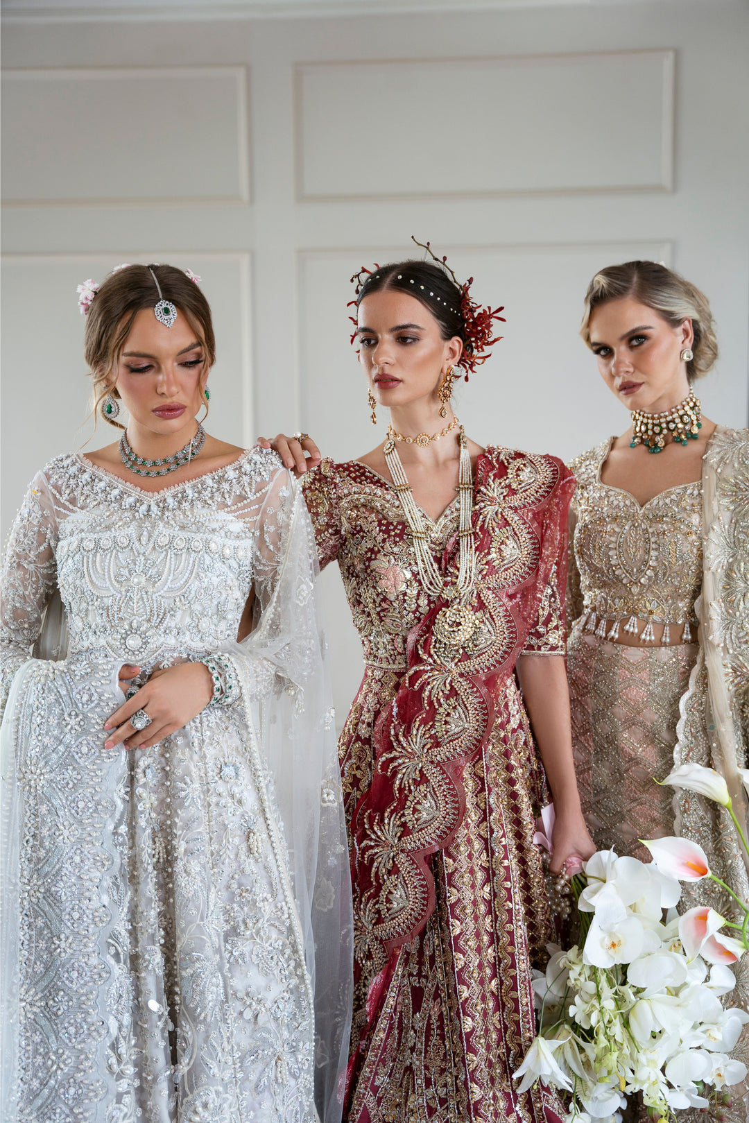 Champagne Pakistani Bridal Outfit with Hand Embroidery and Lehnga