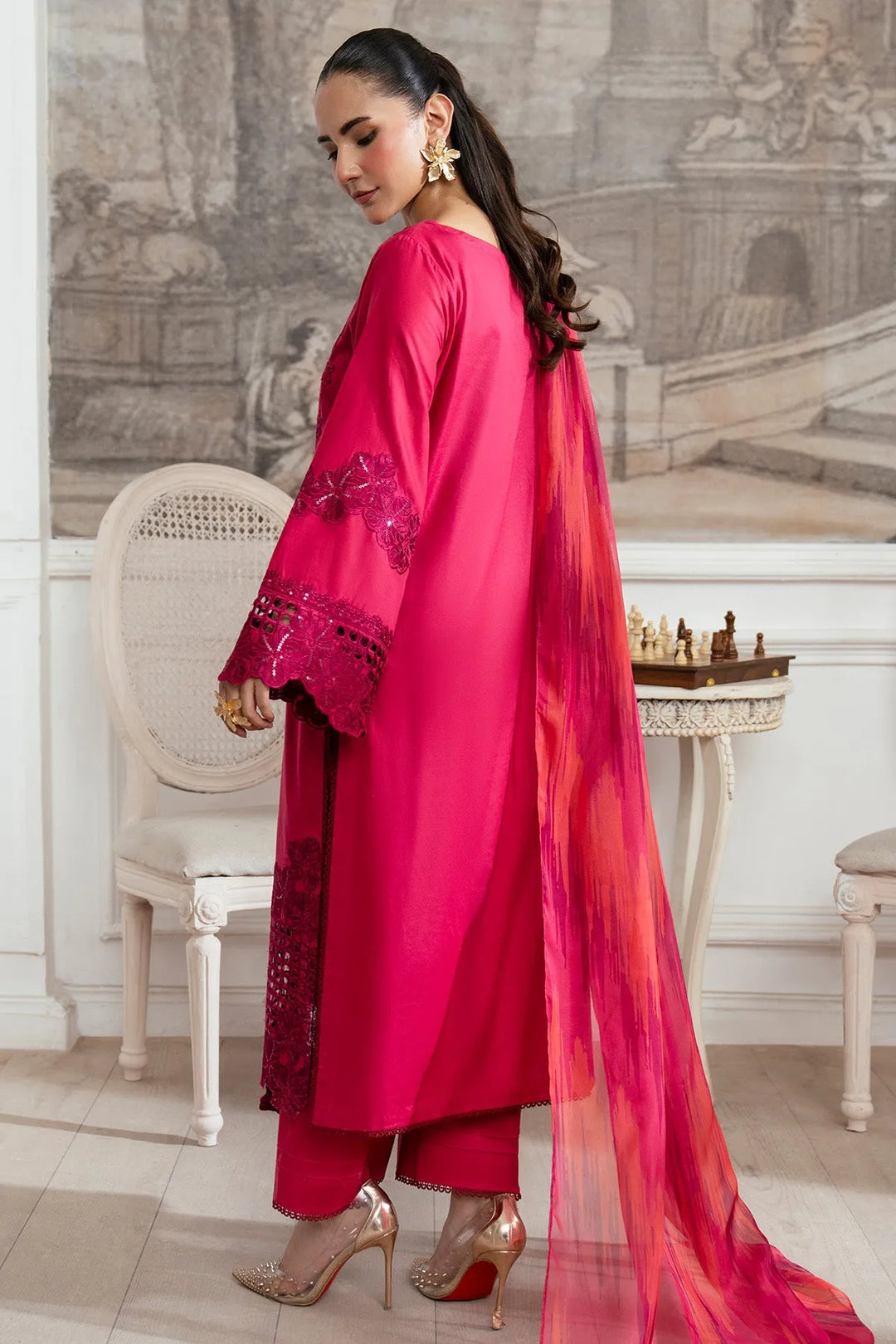 Embroidered Cotton Shirt And Trouser Set With Dupatta 98Aa