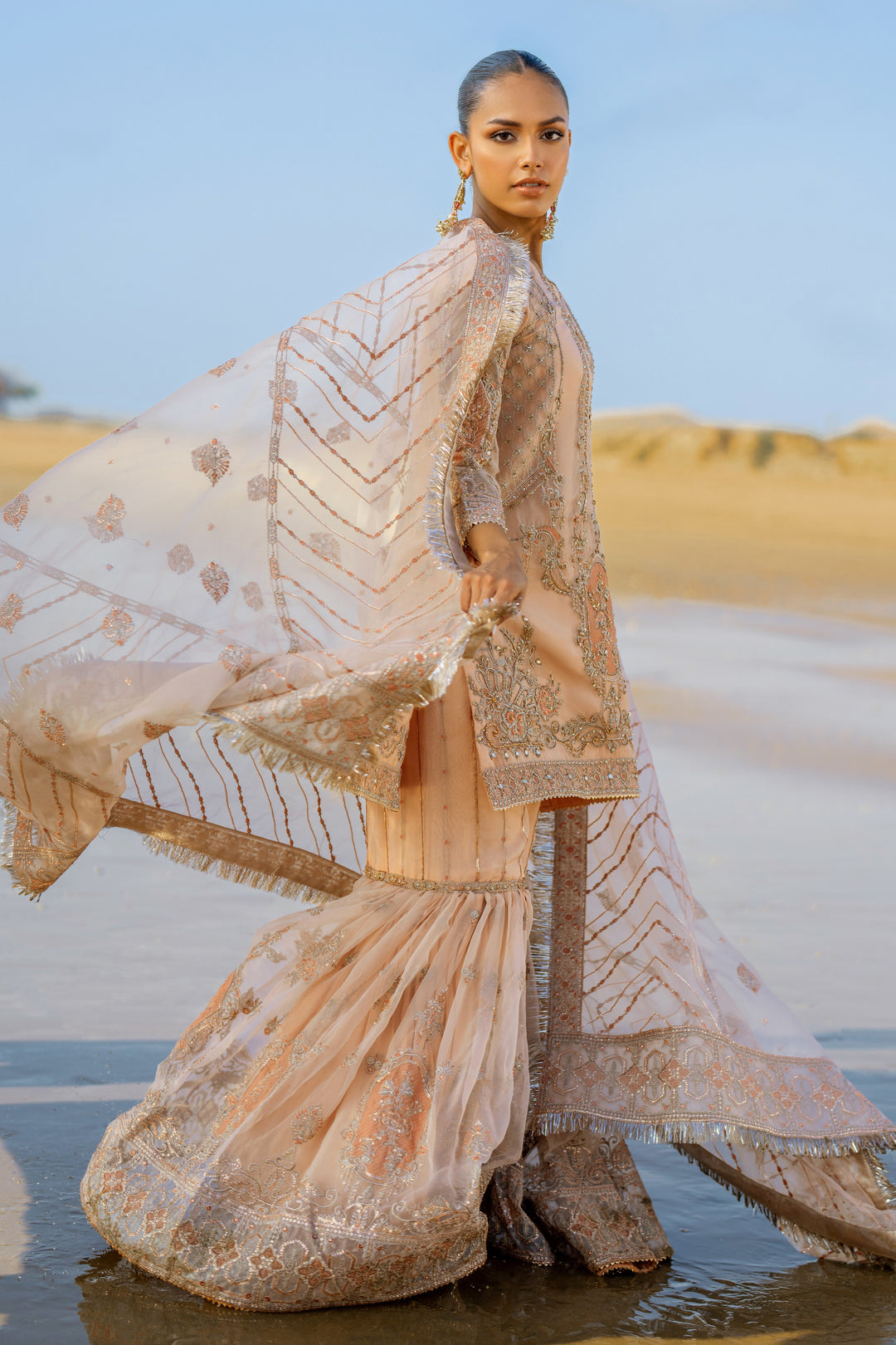 Peachy Beige Pakistani Bridal Suit with Intricate Embroidery