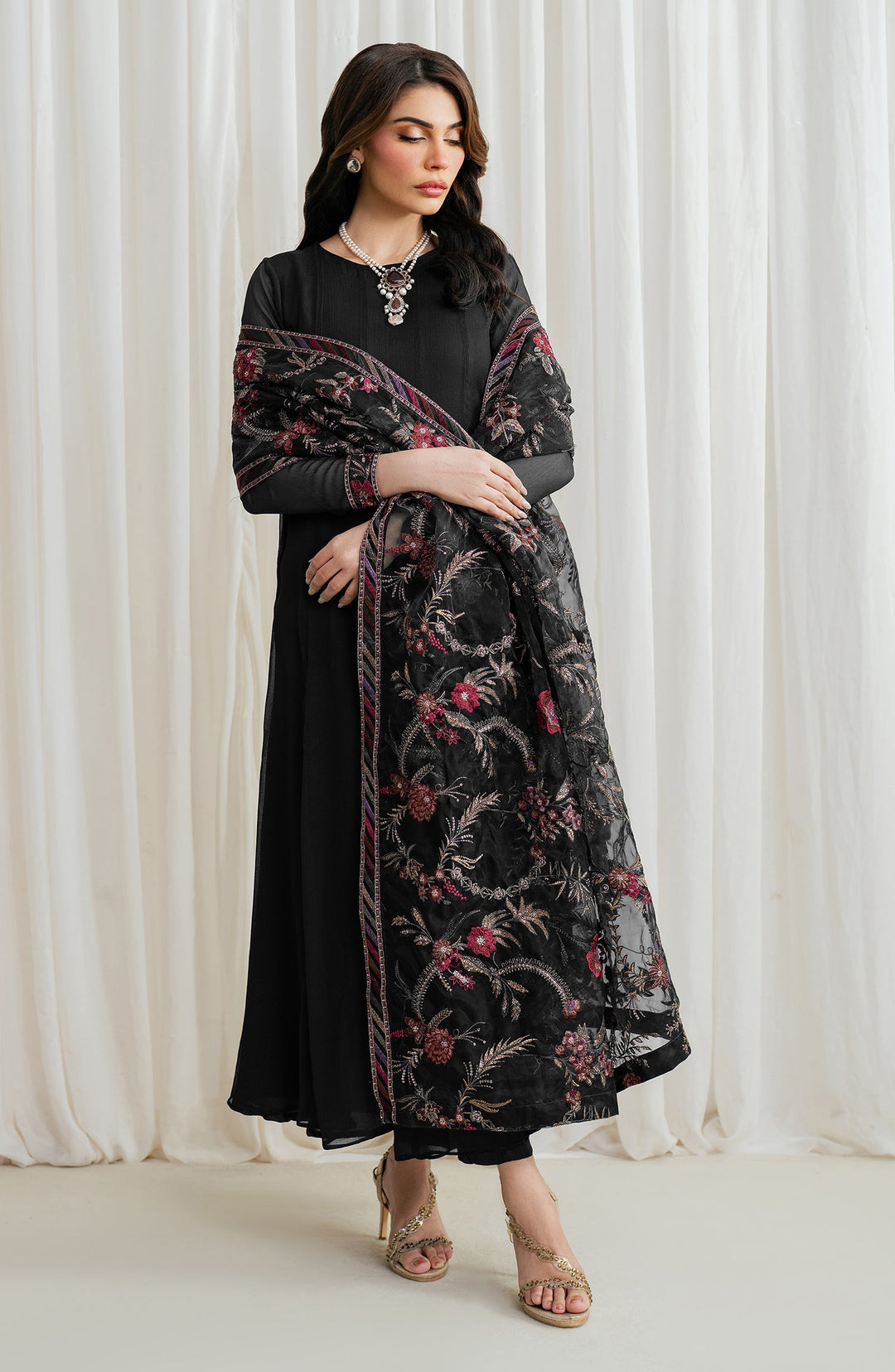 Elegant Embroidered Chiffon Frock with Trouser & Dupatta