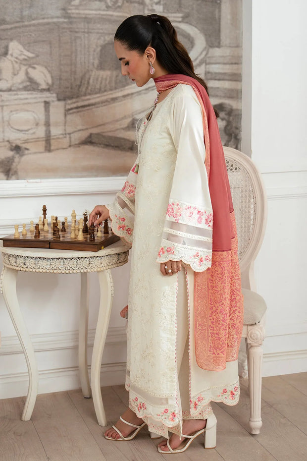 Embroidered Cotton Shirt And Trouser Set With Shawl