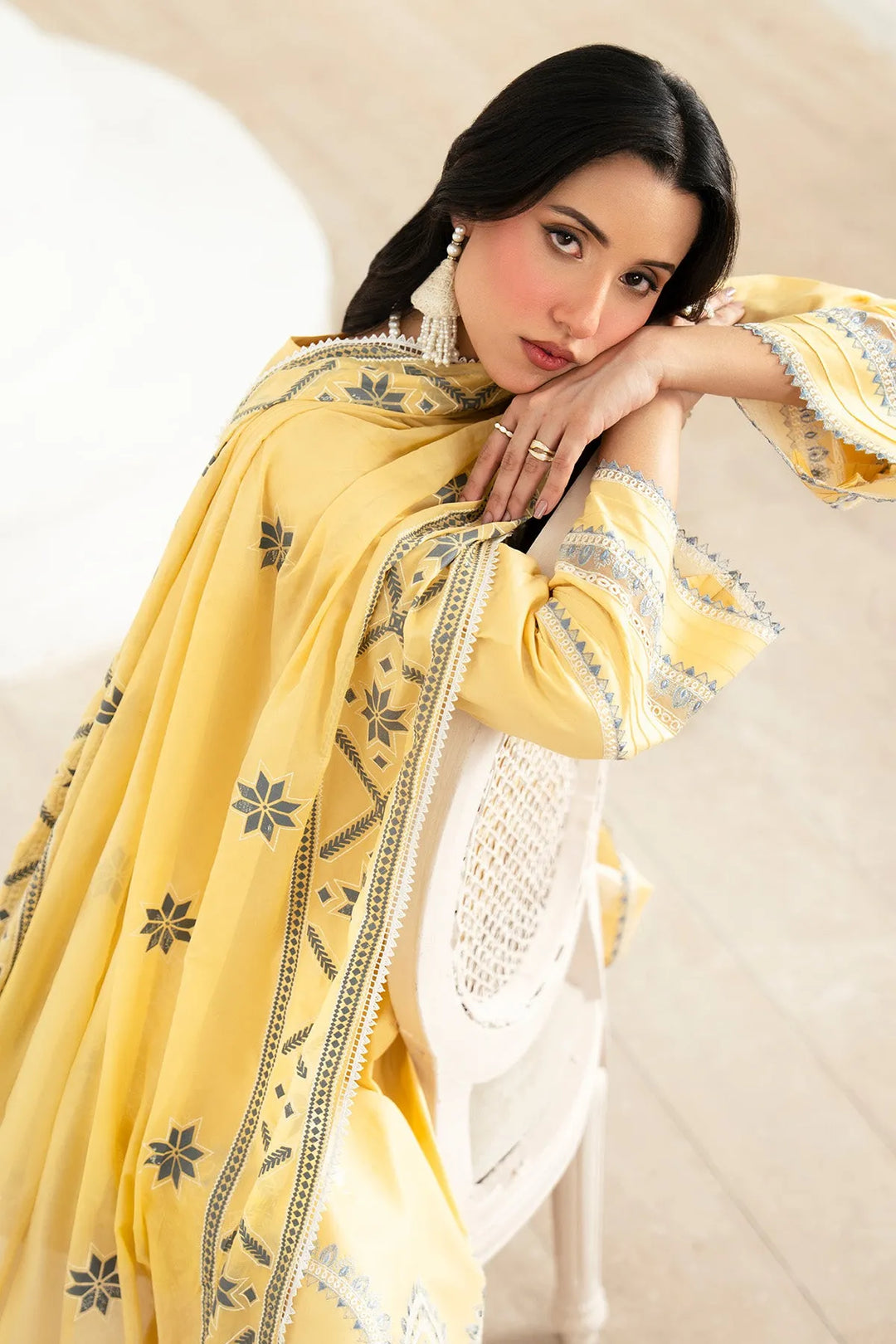 Embroidered Cotton Dress Set With Shawl