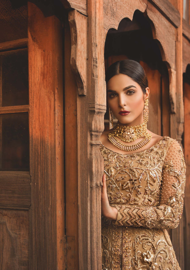Exquisite Pakistani Designer Bridal Dress in Rich Gold