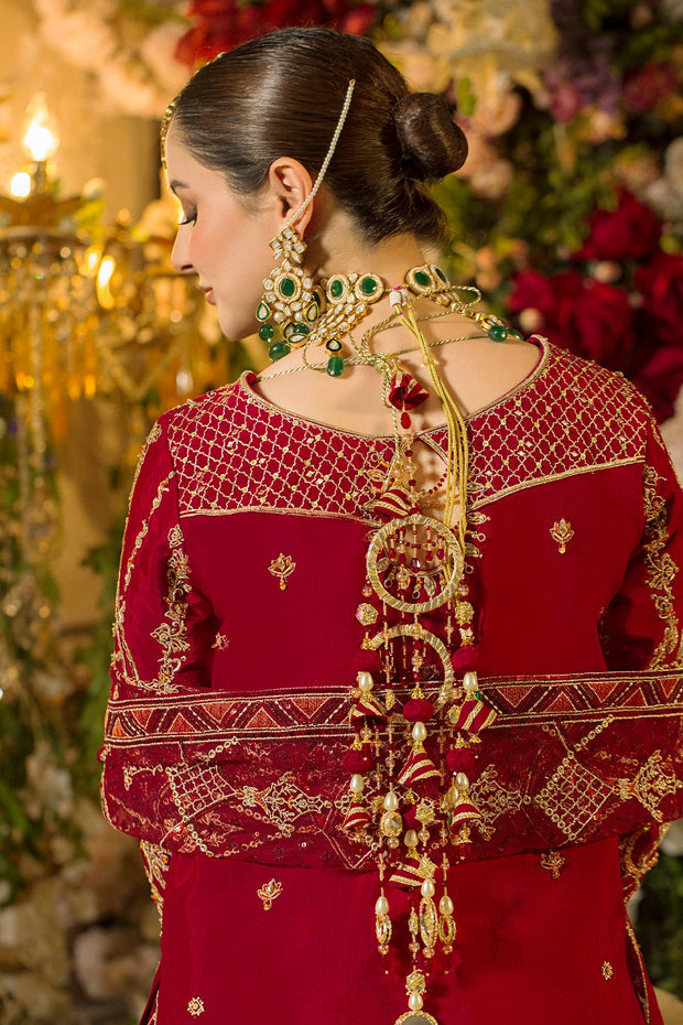 Deep Red Pakistani Bridal Suit with Embroidery and Tassels