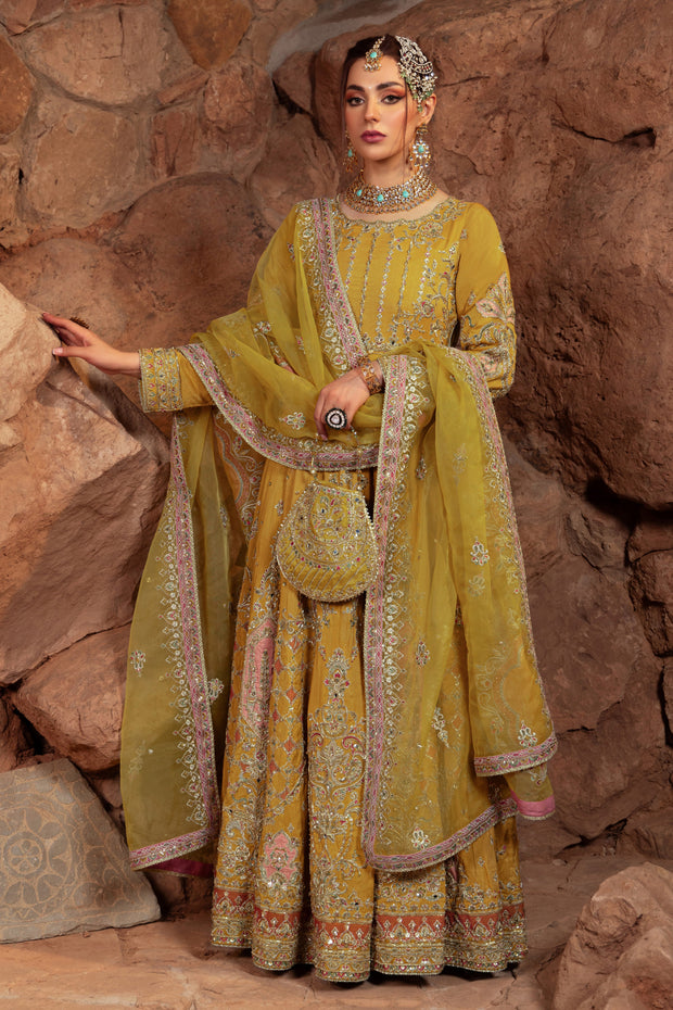 Honey Yellow Pakistani Bridal Dress with Heavy Embellishments