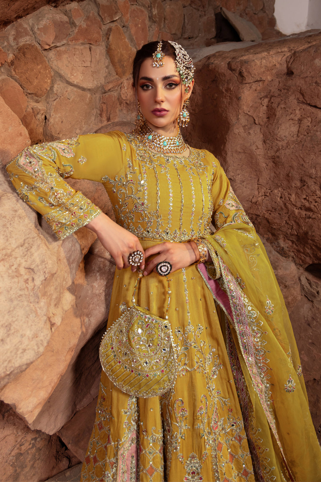 Honey Yellow Pakistani Bridal Dress with Heavy Embellishments