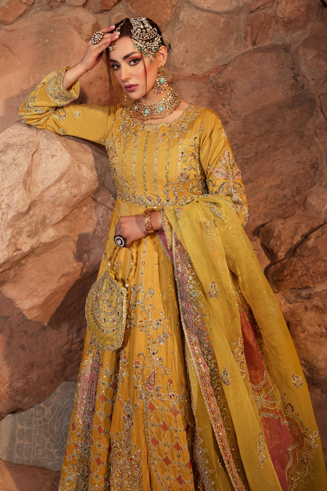 Honey Yellow Pakistani Bridal Dress with Heavy Embellishments