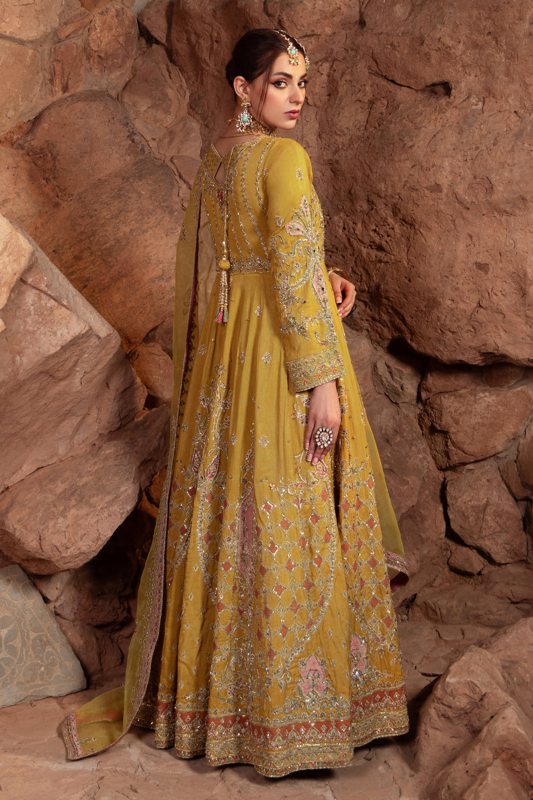 Honey Yellow Pakistani Bridal Dress with Heavy Embellishments